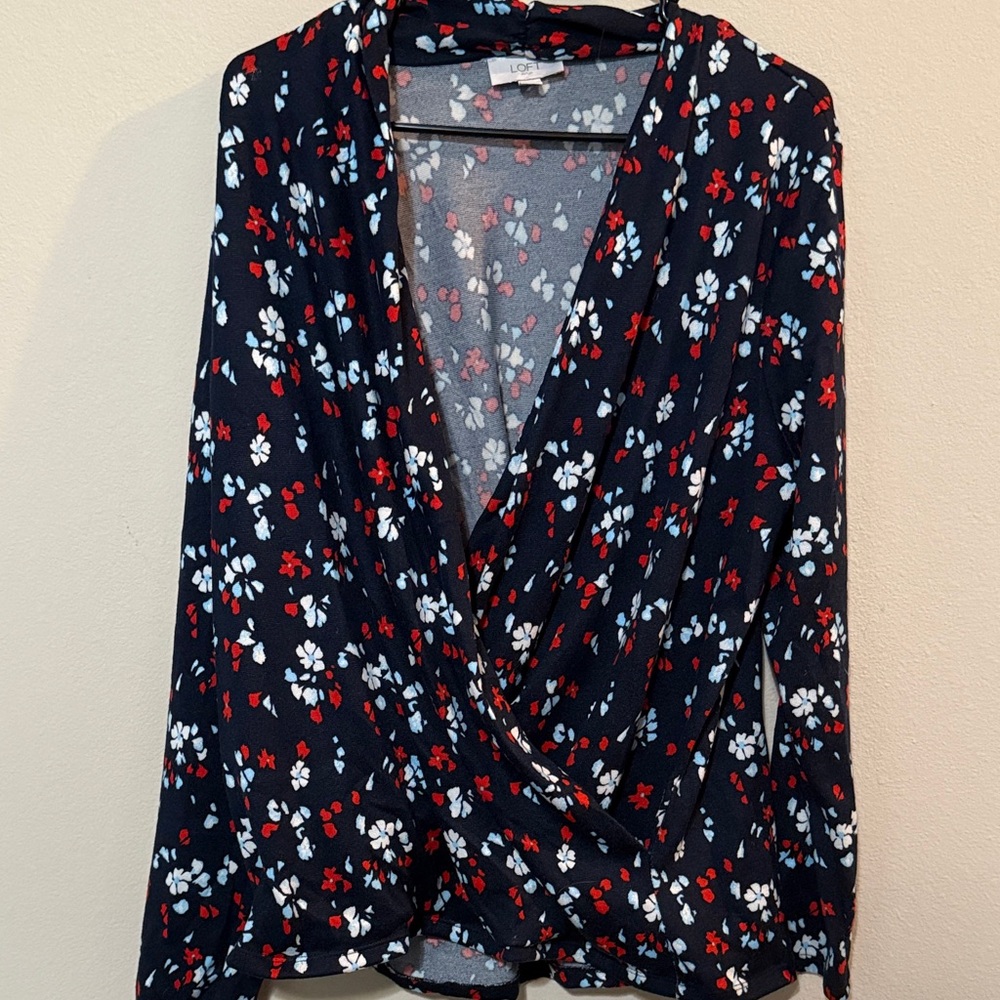 LOFT Navy Floral Wrap Blouse with Red & White Blossoms